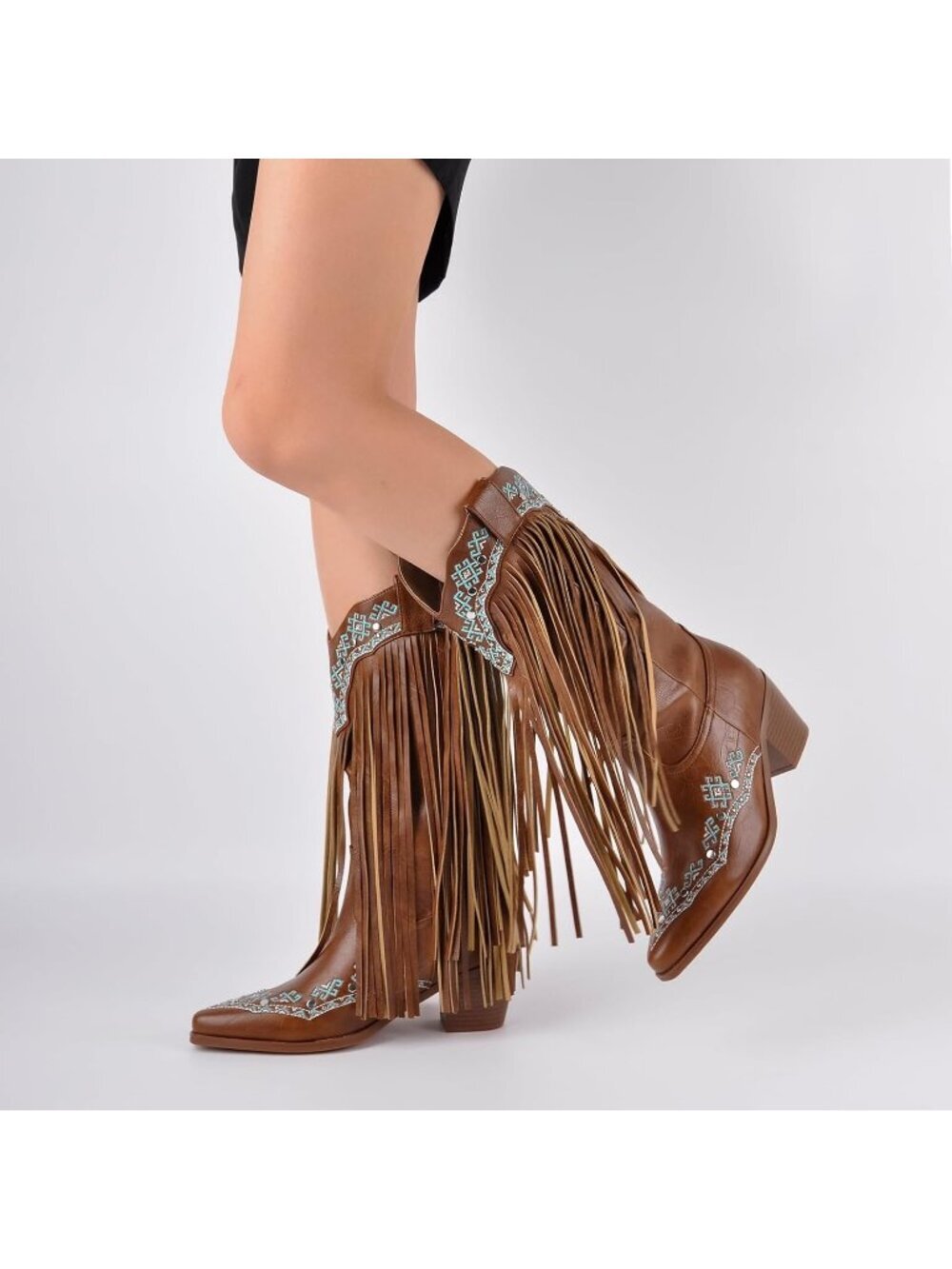 Women's Brown Fringe Mid Calf Boots with Rivets Embroidered - Picture 4 of 6